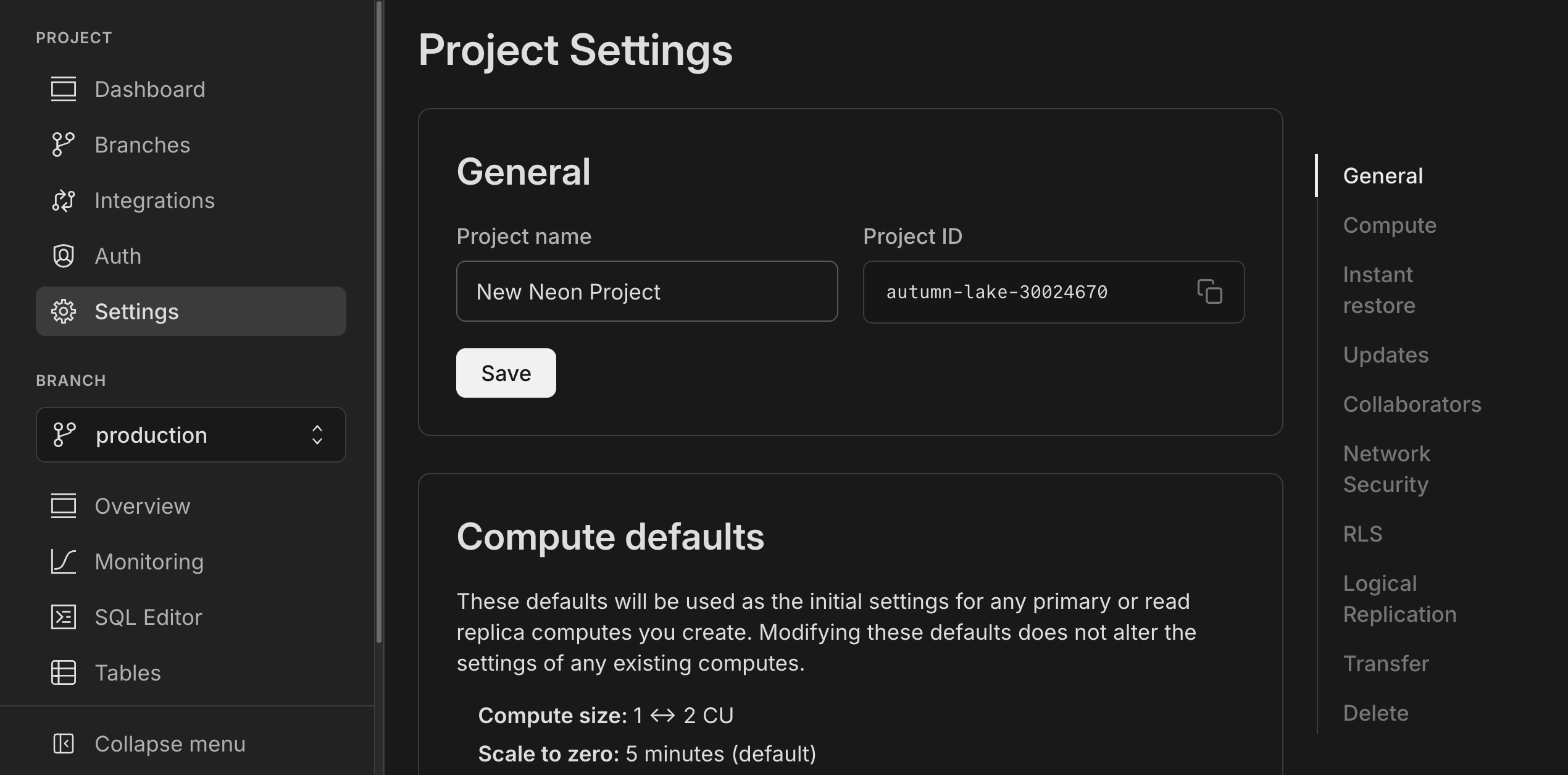 Project Settings page